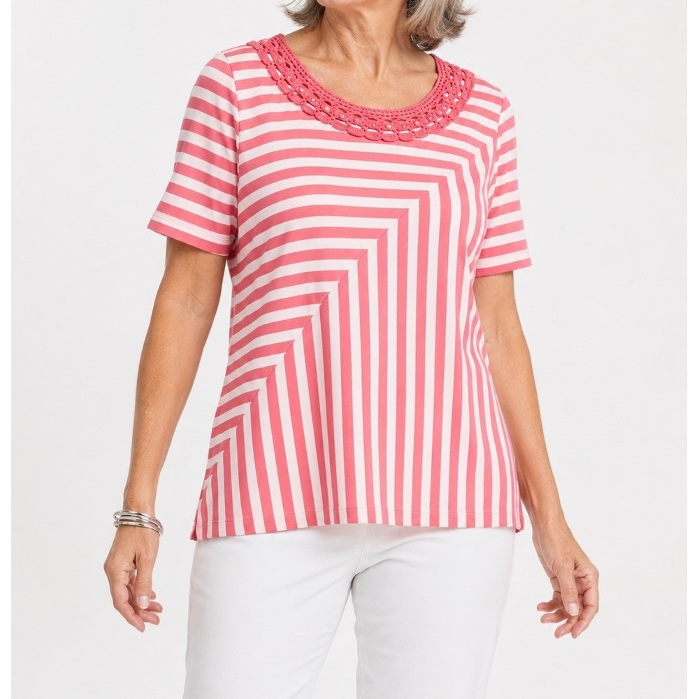 Alfred Dunner Womens 2X Pink White Striped Crochet Neck Short Sleeve Knit Top